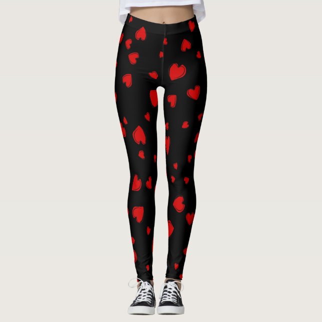 Red Hearts Pattern auf Schwarz Leggings (Vorderseite)
