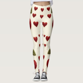 Red Hearts Pattern White Leggings - Romantic Valen