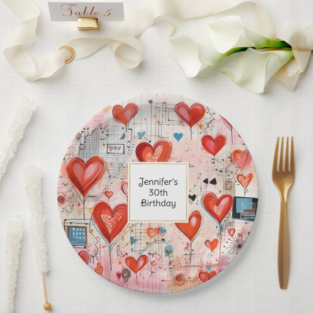 Red Hearts Whimsical Liebe Muster Geburtstag Pappteller (Hochzeit)