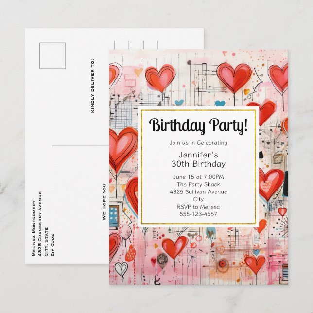 Red Hearts Whimsical Liebe Pattern Birthday Einlad Einladungspostkarte (Vorne/Hinten)