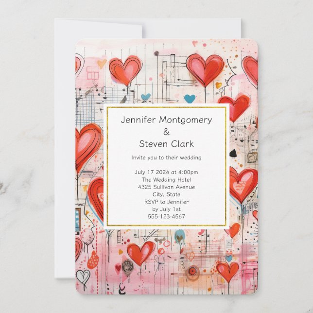 Red Hearts Whimsical Liebe Pattern Hochzeit Einladung (Vorderseite)