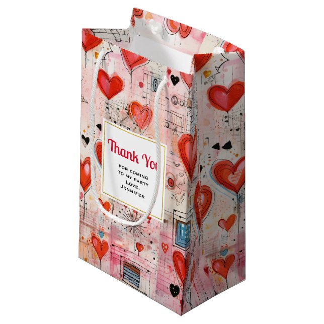 Red Hearts Whimsical Liebe Pattern Party Vielen Da Kleine Geschenktüte (Vorderseite Schrägansicht)