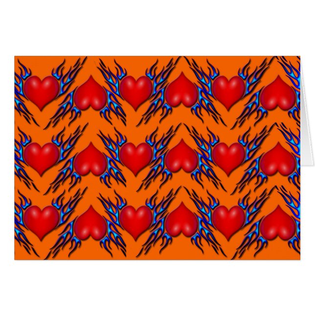 Red Hearts with Blue Flame in Pattern Card (Vorderseite (Horizontal))