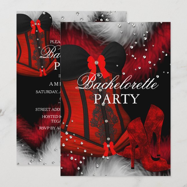 Red Heelses Feather Lace Corset Junggeselinnen-Abs Einladung (Vorne/Hinten)