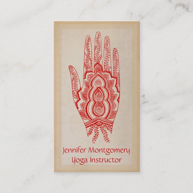 Red Henna Hand Yoga Instructor Business Card Visitenkarte (Vorderseite)