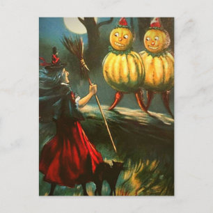 Red Hexe & Pumpkin People - Vintages Halloween Postkarte