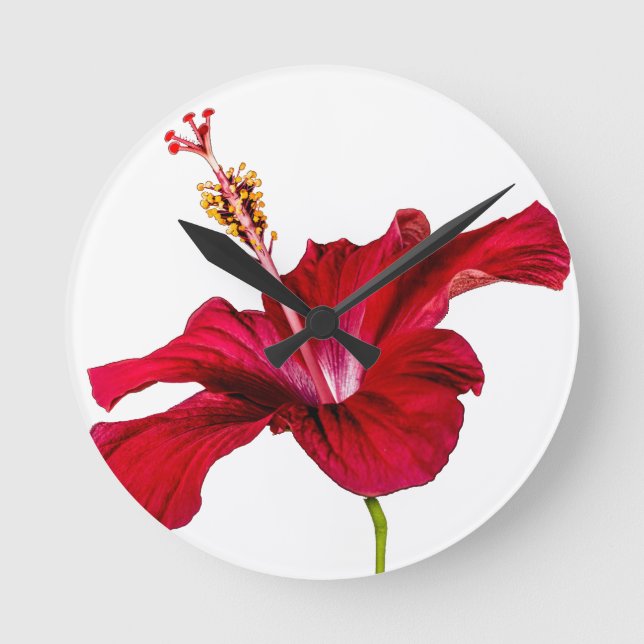 Red Hibiscus Flower Side View Runde Wanduhr (Vorderseite)