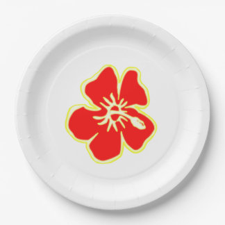 Red Hibiscus Flower Tropical Hawaiian Luau Party Pappteller