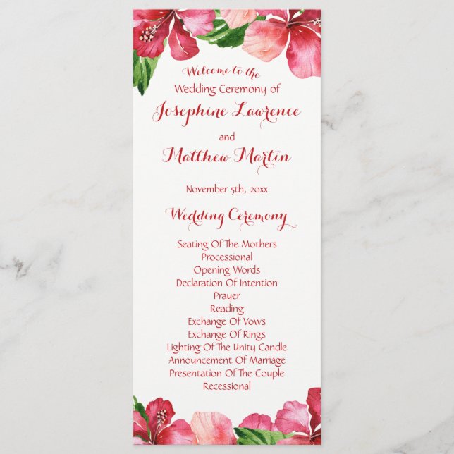 Red Hibiscus Tropical Wedding Programmes (Devant)