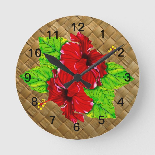 Red Hibiskus Lauhala Wall Clock Runde Wanduhr (Vorderseite)