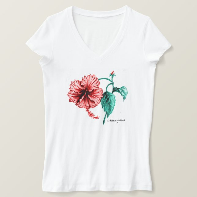 Red Hibiskus V-Neck T - Shirt für Frauen (Design vorne)