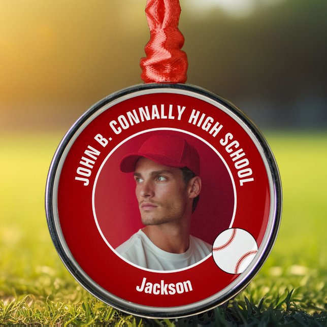 Red High School Baseball Player Photo Christmas Ornament Aus Metall (Von Creator hochgeladen)