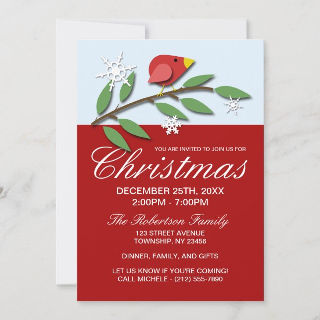 Red Holiday Bird Christmas Invitations (Devant)