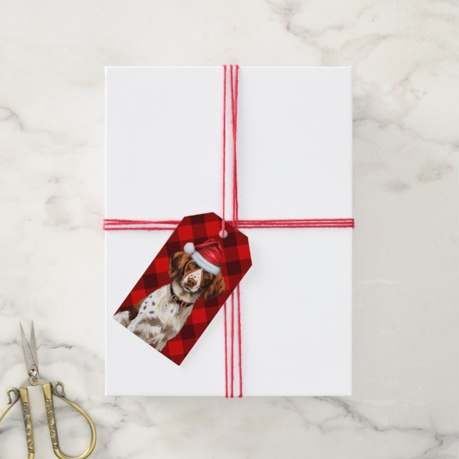 Red Holiday Kariert Brittany Spaniel Weihnachten Geschenkanhänger (Mit Garn)