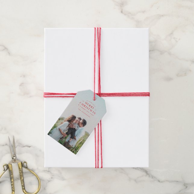 Red Holiday Kariert Foto Weihnachten Geschenkanhänger (Mit Garn)