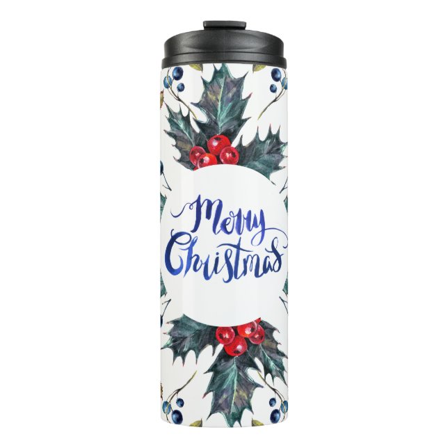 Red Holly Berries - Frohe Weihnachten Thermosbecher (Vorderseite)