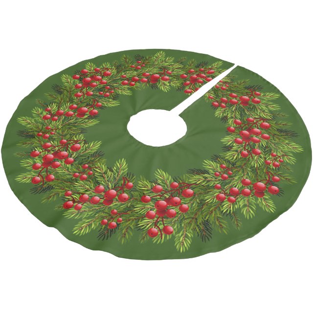 Red Holly Berries Green Pine Tree Needles Motif Polyester Weihnachtsbaumdecke (Schrägansicht)