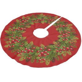 Red Holly Berries Green Pine Tree Needles Motif Polyester Weihnachtsbaumdecke