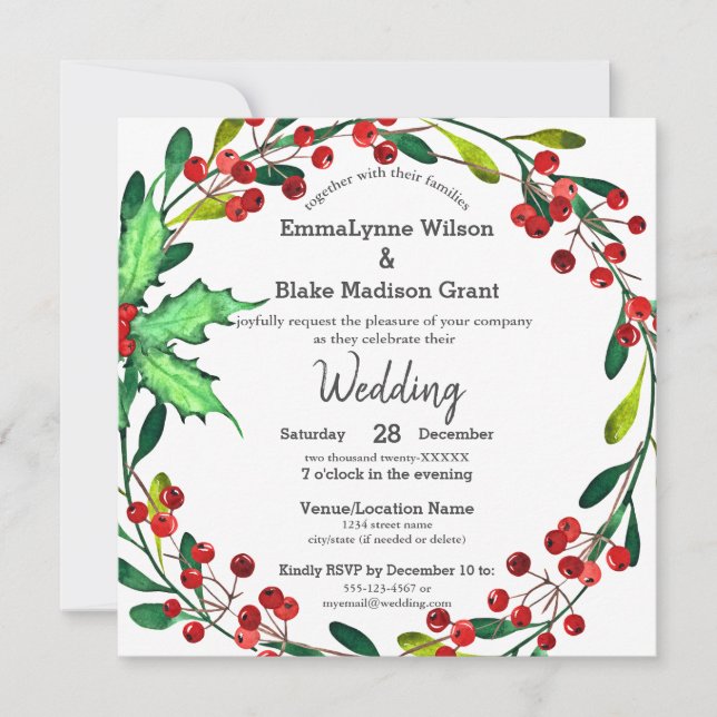 Red Holly Berries Green Wreath White Wedding Einladung (Vorderseite)