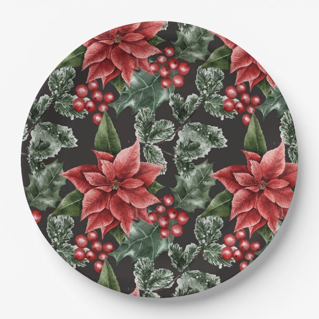 Red Holly Berries Poinsettia Grüne Weihnachten Pappteller (Vorderseite)