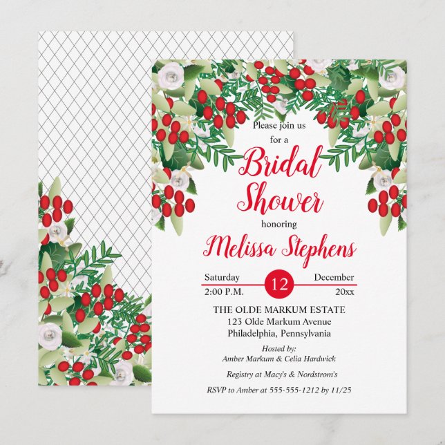 Red Holly Berries | ROSE BRAUTPARTY Einladung (Vorne/Hinten)