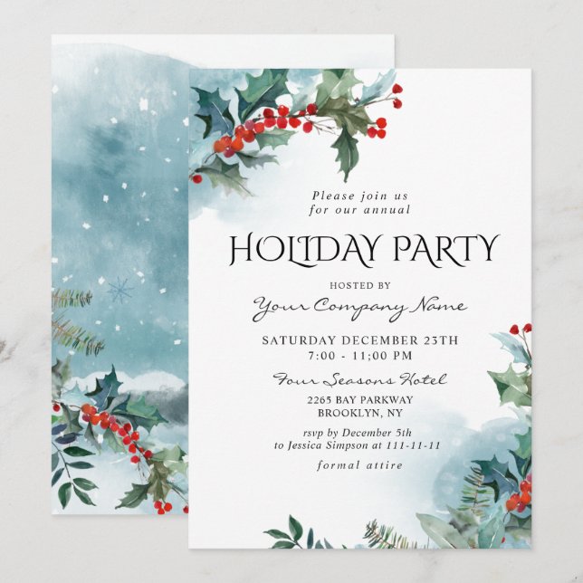 Red Holly Berry CORPORATE Weihnachtsparty Einladung (Vorne/Hinten)