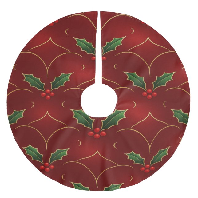 Red Holly Pattern – Elegant Christmas Style Polyester Weihnachtsbaumdecke (Vorderseite)