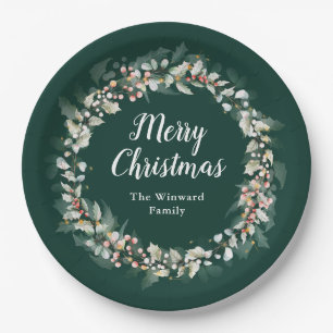 Red Holly Wreath Frohe Weihnachten Pappteller