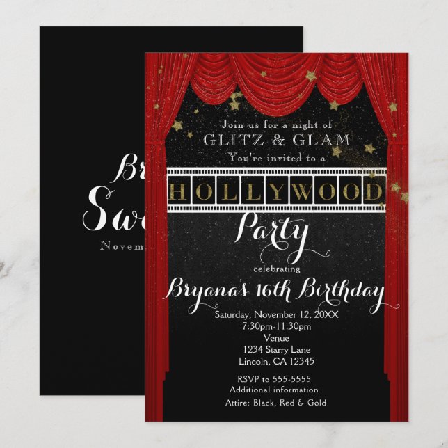 Red HOLLYWOOD Gardinen & Gold Party Einladungen (Vorne/Hinten)