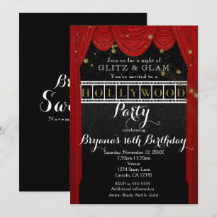 Red HOLLYWOOD rideaux & Gold Party Invitations