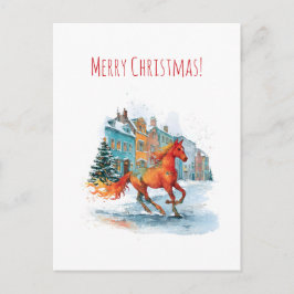 Red horse galloping through a snowy, Christmas Feiertagspostkarte