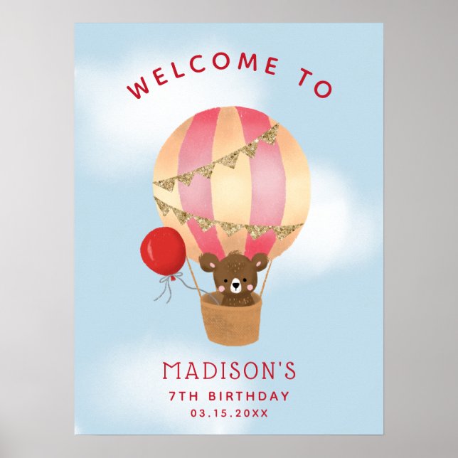 Red Hot Air Ballon Birthday Party Begrüßungszeiche Poster (Vorne)
