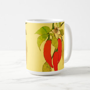 Red Hot Chili Peppers auf grünen Weinblättern mit  Kaffeetasse