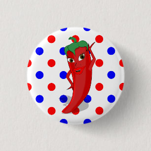 Red Hot Pepper Diva Red Blue Polka Dots Button
