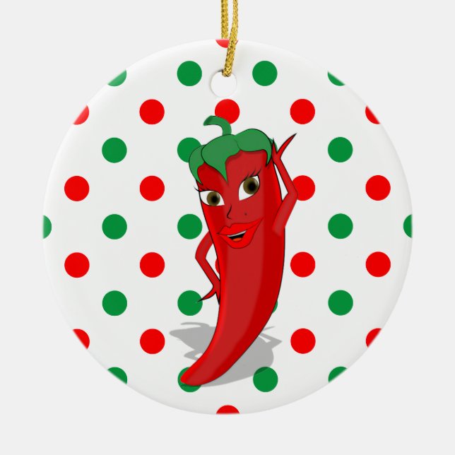 Red Hot Pepper Diva Red Green Polka Dots Keramik Ornament (Vorne)