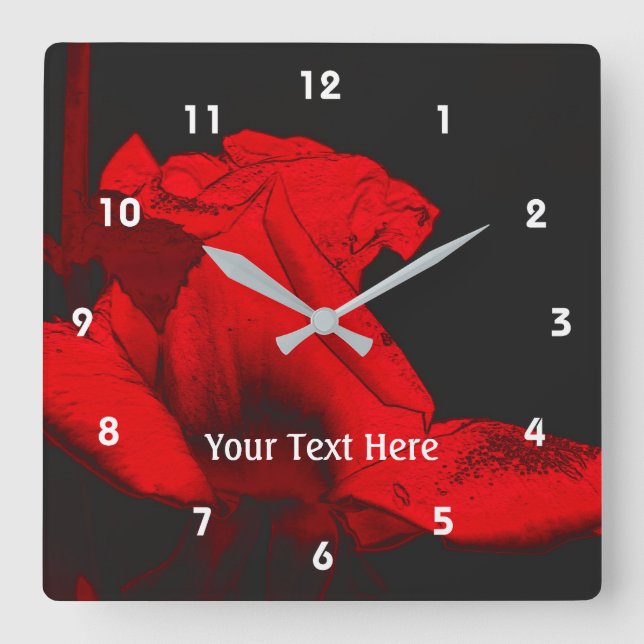 Red Hot Rosebud Flower Art Quadratische Wanduhr (Vorderseite)