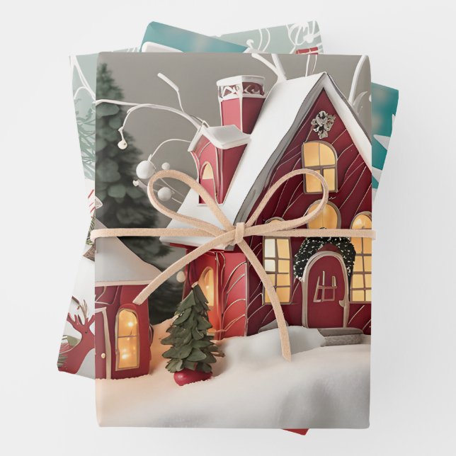 Red House Winter Snow Design Einzigartiges Weihnac Geschenkpapier Set (Beispiel)