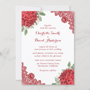 Red Hydrangea Floral Lace Wedding Einladung