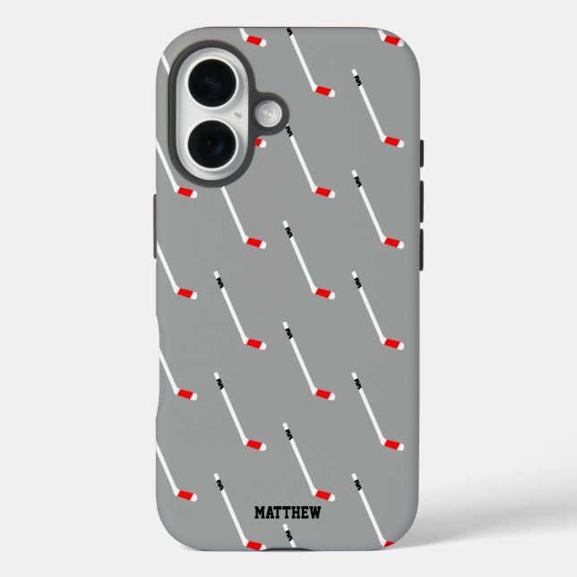 Red Ice Hockey Stick Pattern Personalisiert iPhone 16 Hülle (Rückseite)