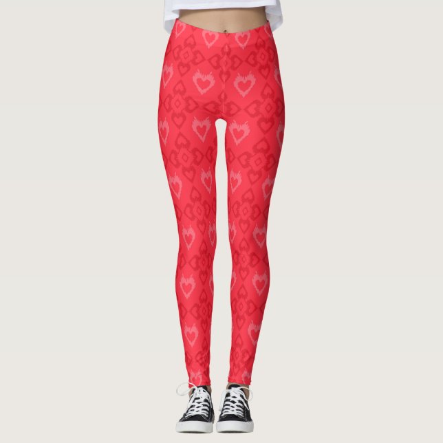 Red Ikat Style Heart Pattern Leggings (Vorderseite)