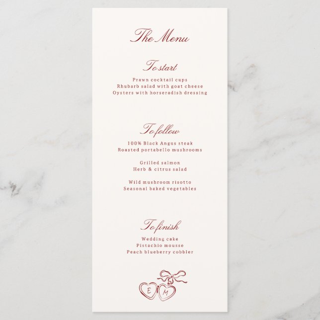 Red Illustrated Locket Whimsical Wedding Menu (Devant)