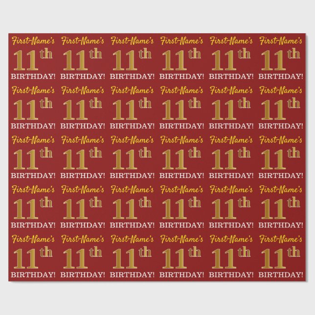 Red, Imitation Gold Look "11. GEBURTSTAG" Geschenkpapier (Flach)