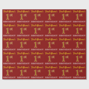 Red, Imitation Gold Look "1. BIRTHDAY" Geschenkpapier