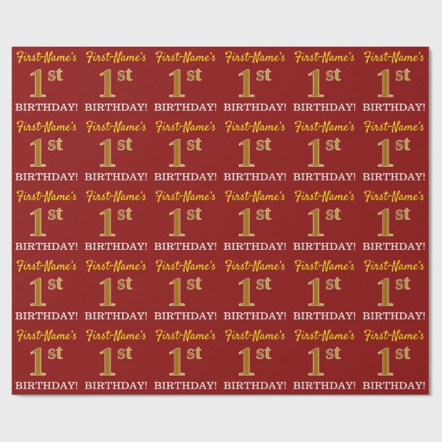 Red, Imitation Gold Look "1. BIRTHDAY" Geschenkpapier (Flach)