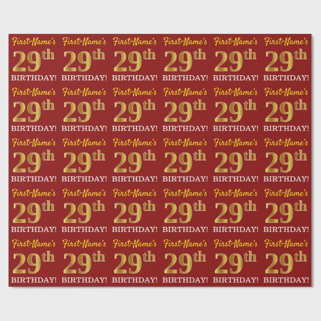 Red, Imitation Gold Look "29. GEBURTSTAG" Geschenkpapier (Flach)
