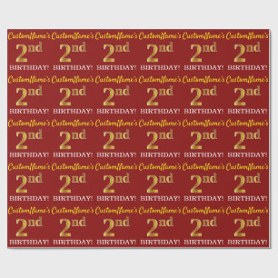 Red, Imitation Gold Look "2. BIRTHDAY" Geschenkpapier