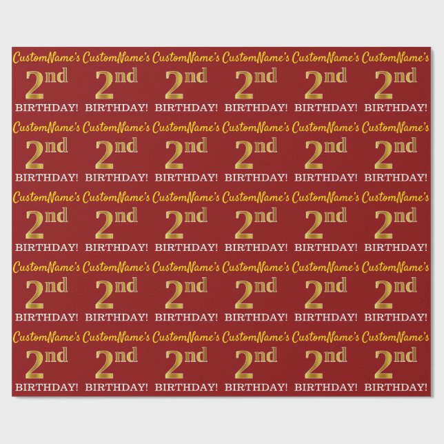 Red, Imitation Gold Look "2. BIRTHDAY" Geschenkpapier (Flach)