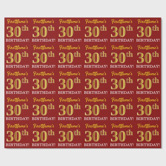 Red, Imitation Gold Look "30. GEBURTSTAG" Geschenkpapier (Flach)