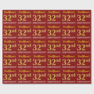 Red, Imitation Gold Look "32. GEBURTSTAG" Geschenkpapier