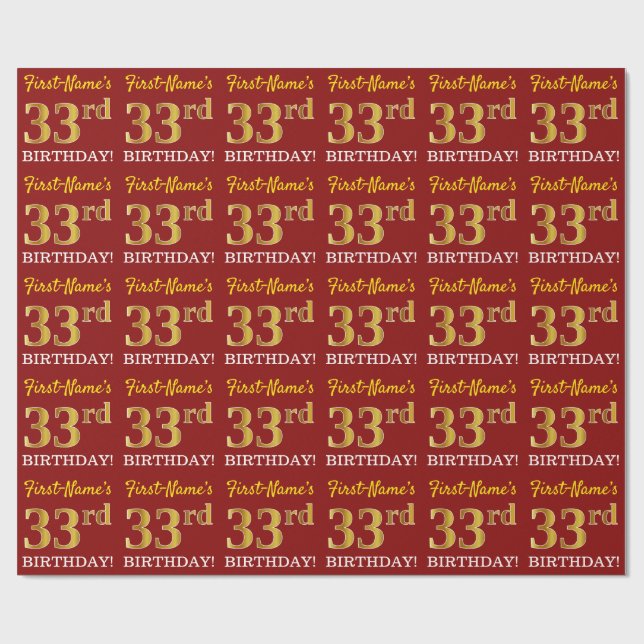Red, Imitation Gold Look "33. BIRTHDAY" Geschenkpapier (Flach)